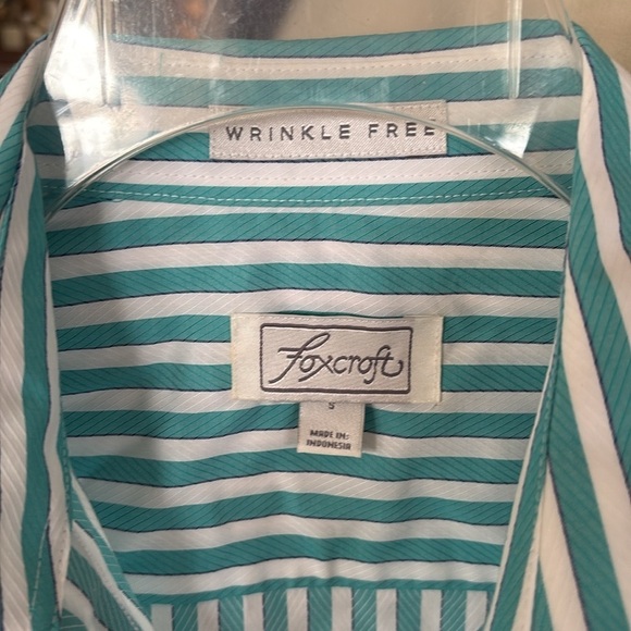 NWOT Foxcroft Wrinkle Free Button Down Blouse Collared Teal White Stripes Cotton - Picture 4 of 11